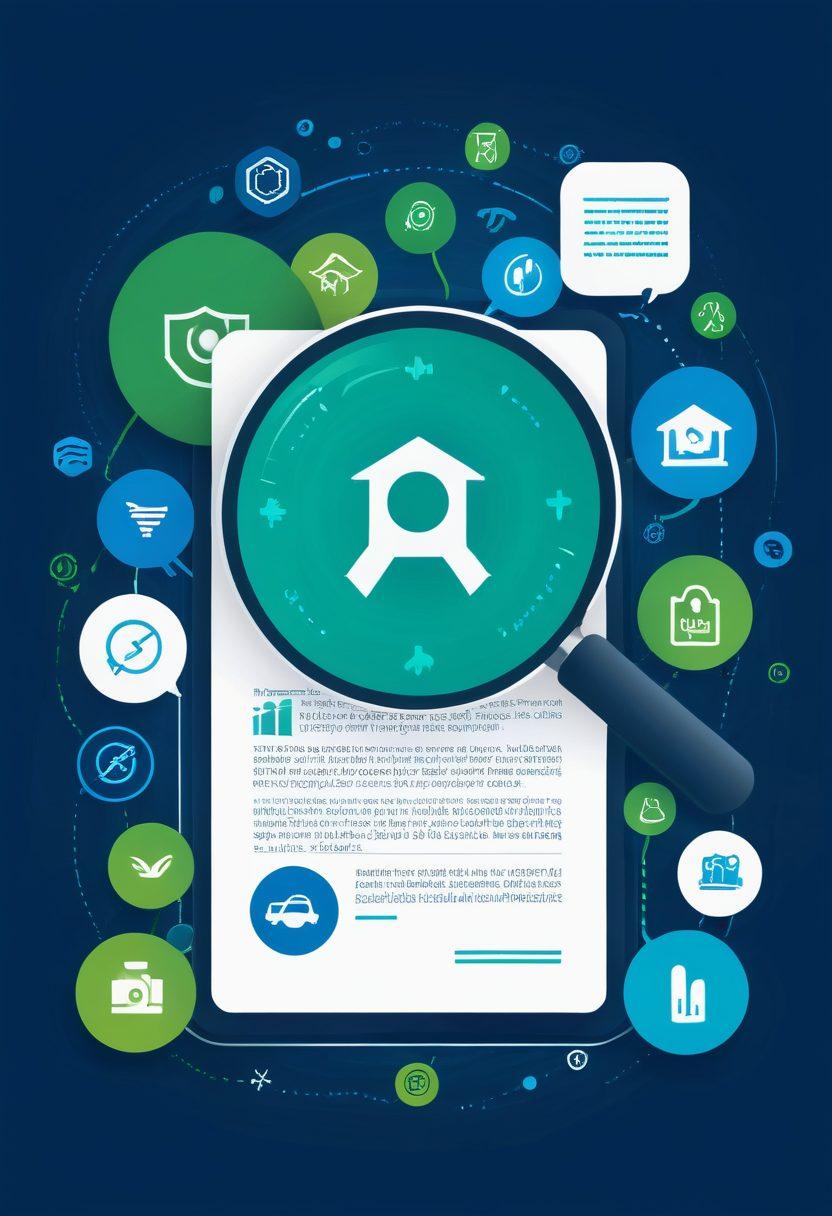 An abstract illustration representing digital insurance, featuring a magnifying glass highlighting a digital document with coverage details. Surrounding the document are icons symbolizing various coverage aspects such as health, auto, and home. The background is a blend of vibrant blue and green hues, symbolizing trust and security in the digital world. minimalist style, high contrast. vibrant colors.