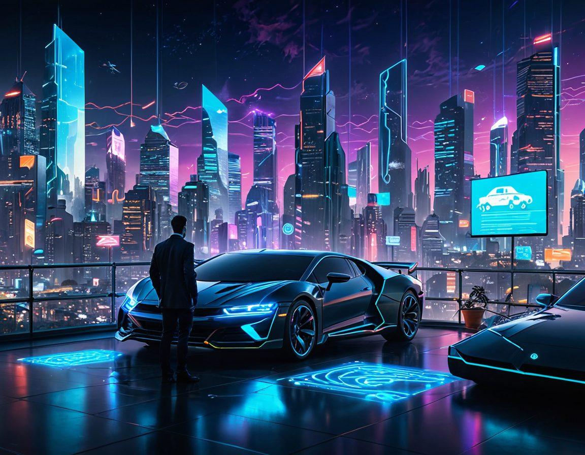 A futuristic digital landscape featuring a person interacting with a holographic interface displaying various online insurance policies and coverage options. The background includes visual elements like floating icons of houses, cars, and medical symbols, symbolizing diverse insurance categories. The color palette should be vibrant and high-tech, conveying an innovative atmosphere. Incorporate elements like abstract data streams and a city skyline to reflect a modern age. super-realistic. vibrant colors. cyberpunk.