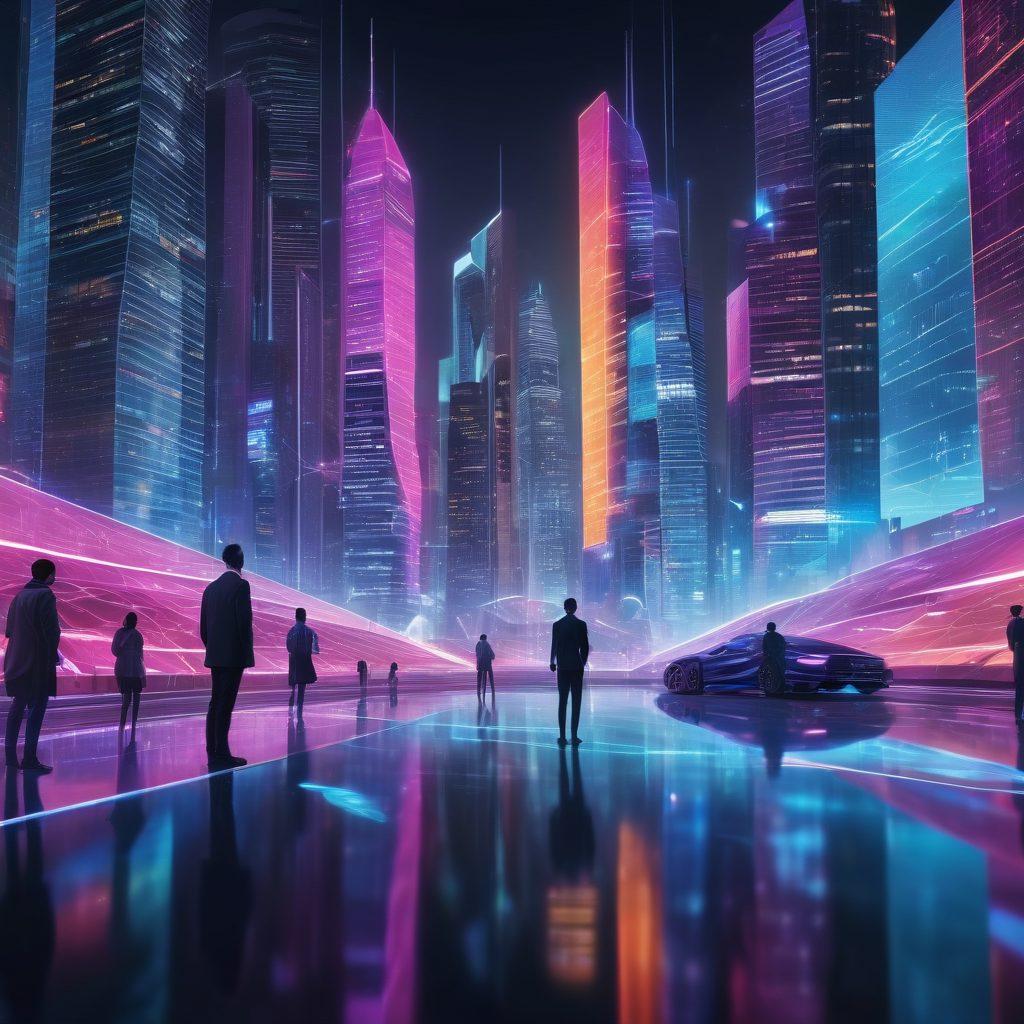 A futuristic digital landscape showcasing diverse online insurance tools, with holographic interfaces displaying various coverage options. The scene includes a diverse group of people interacting with these tools on their devices, symbolizing global accessibility and innovation in insurance. Background elements like skyscrapers and data streams suggest a high-tech future. vibrant colors. cyberpunk.